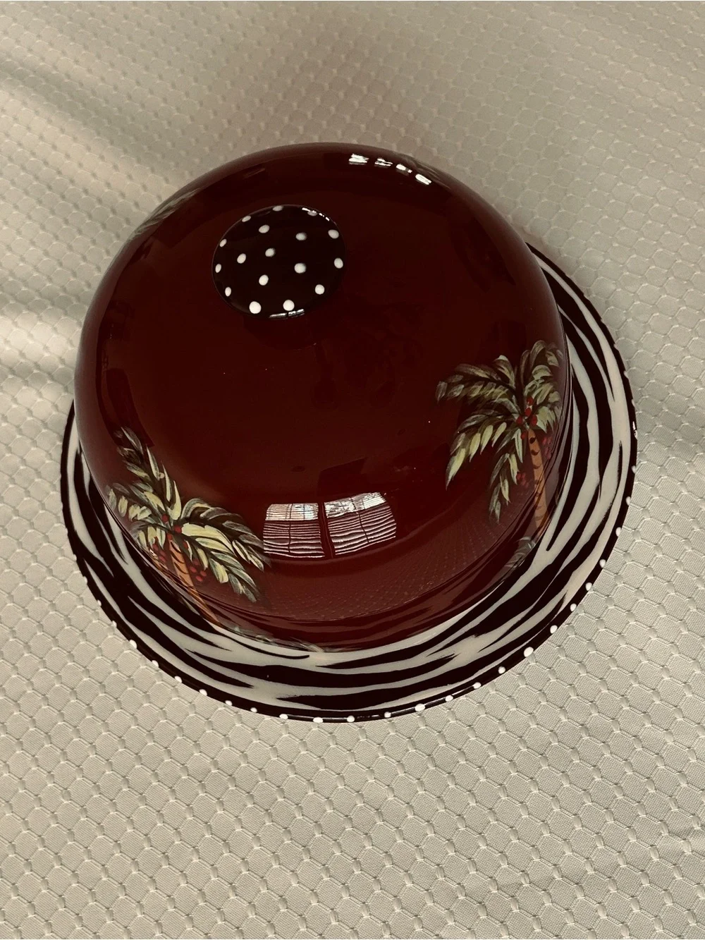 Hand-Painted Brown Ceramic Cheese Dome with Tropical Palm Motif with Monkey